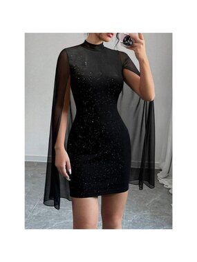 Glitter Mesh Slit Sleeve Bodycon Mini Dress